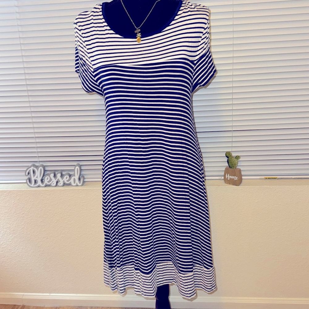 Just love blue and white stripes T-shirt dress size M, with round neck.